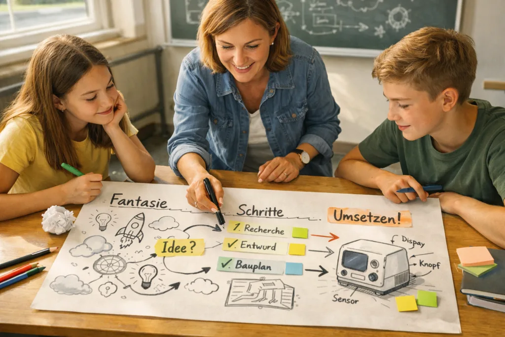 Kreativität vs. Phantasie: Der Unterschied, der Ideen wirklich stark macht 2 Lehrkraft und Schüler entwickeln Plan aus Idee