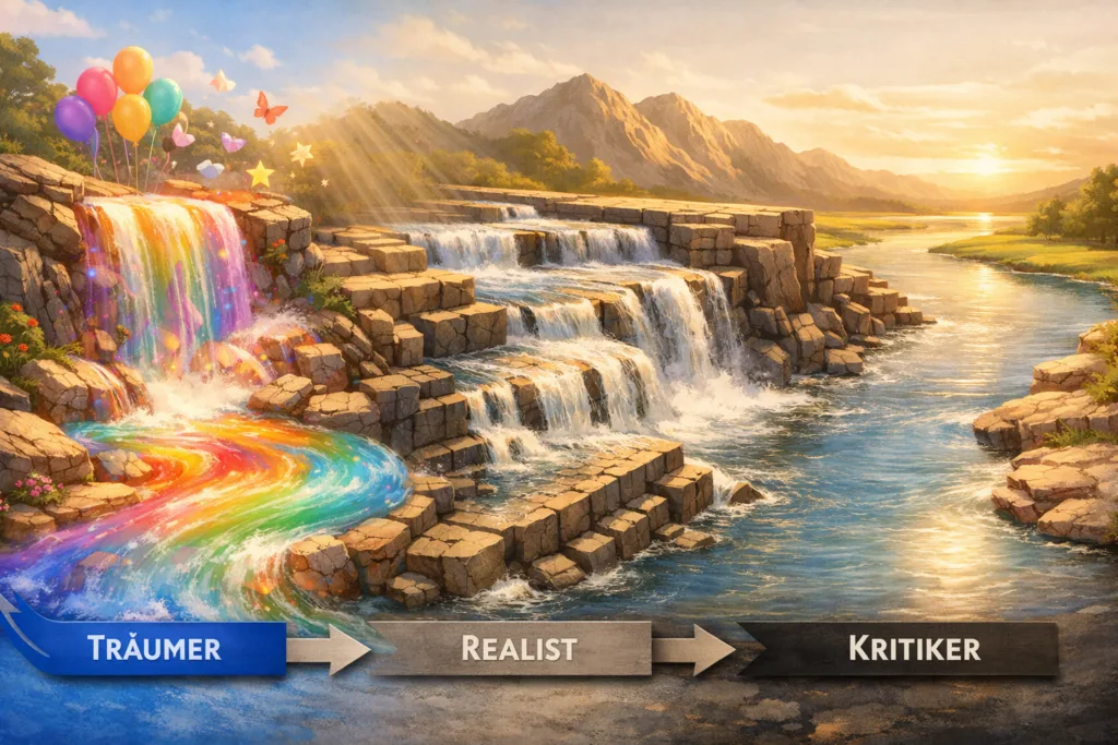 Abstrakter Kreativitätsfluss durch 3 Walt-Disney-Methode Rollen Stufen
