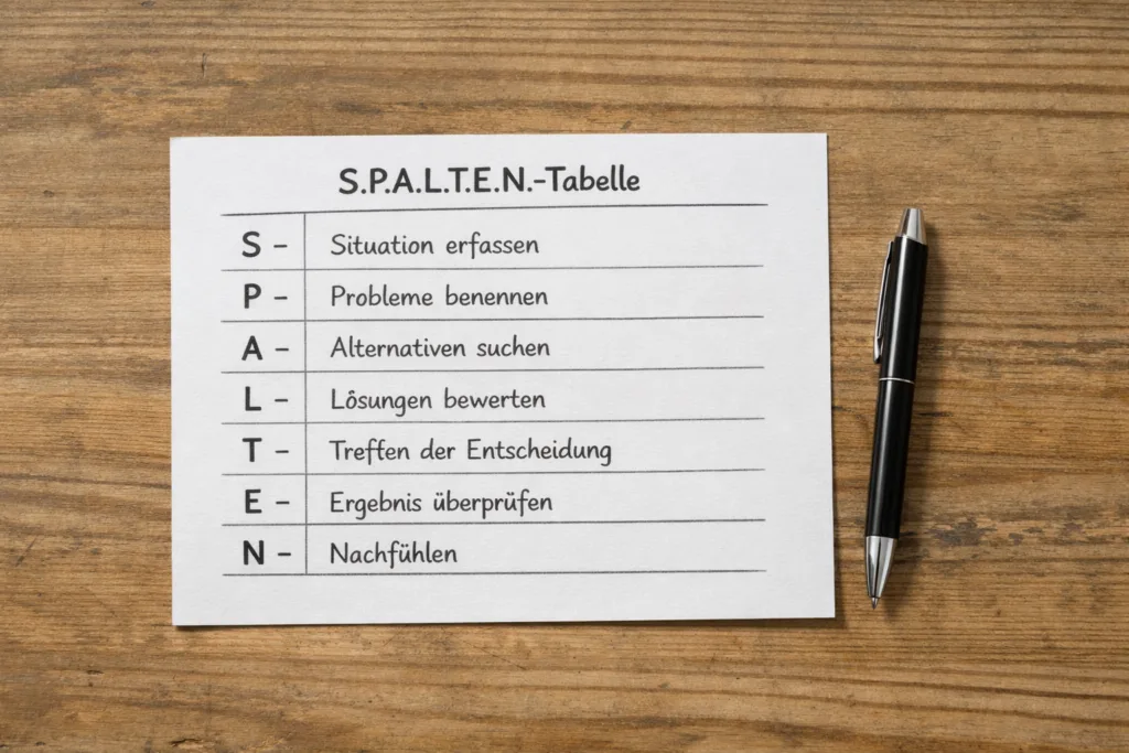 S.P.A.L.T.E.N.-Methode: Warum gute Ideen an der Praxis scheitern – und wie du sie löst 1 Situation → Probleme → Analyse → Lösungen → Entscheidung → Umsetzung → Nachkontrolle