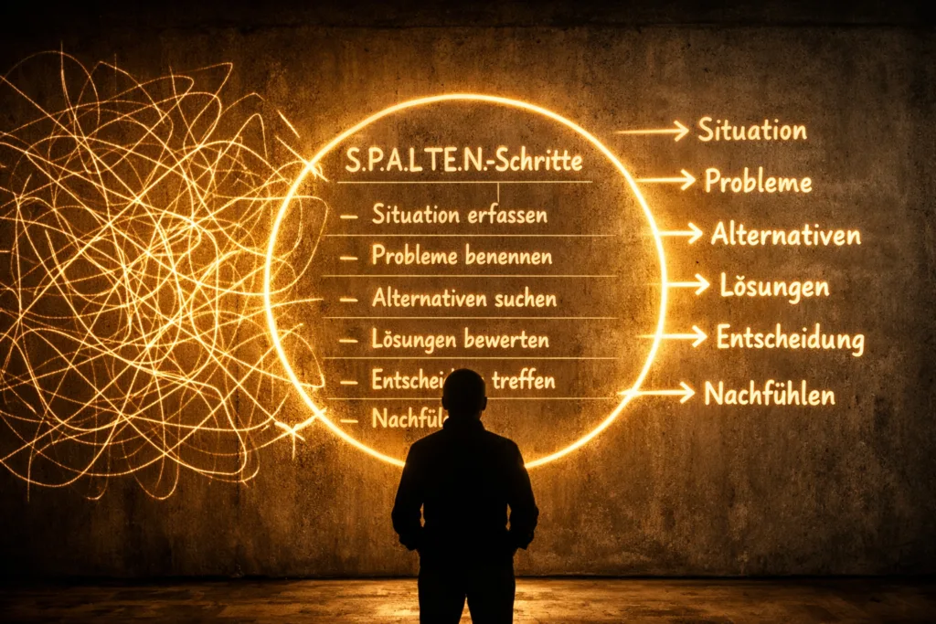 S.P.A.L.T.E.N.-Methode: Warum gute Ideen an der Praxis scheitern – und wie du sie löst 2 Silhouette vor Wand mit S.P.A.L.T.E.N.-Schritte als leuchtende Linien