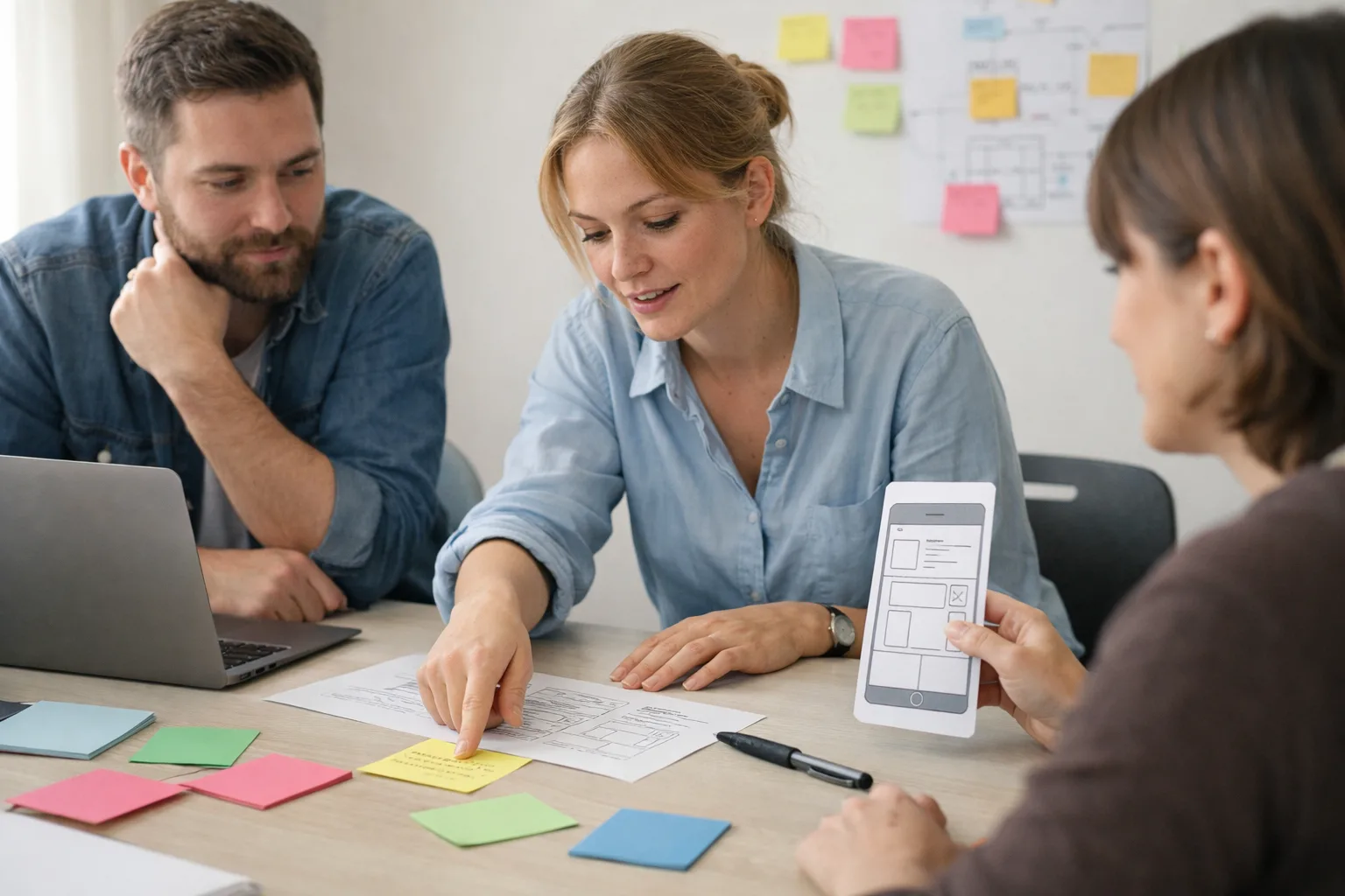 KI im Innovationsmanagement: Wie du Ideen schneller, klüger und menschlicher umsetzt 1 Ein Team berät an einem Tisch über KI und Innovation, daneben Notizen und ein Prototyp. KI im Innovationsmanagement