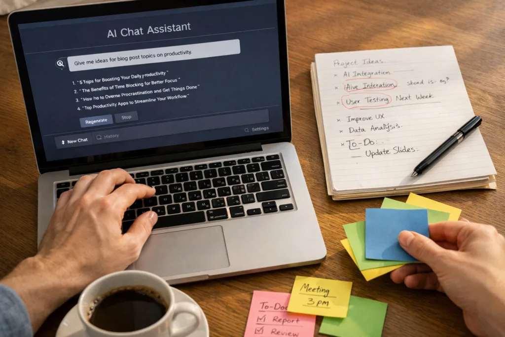 KI im Innovationsmanagement: Wie du Ideen schneller, klüger und menschlicher umsetzt 1 Laptop mit KI-Textstruktur, daneben handschriftliche Notizen und Markierungen.