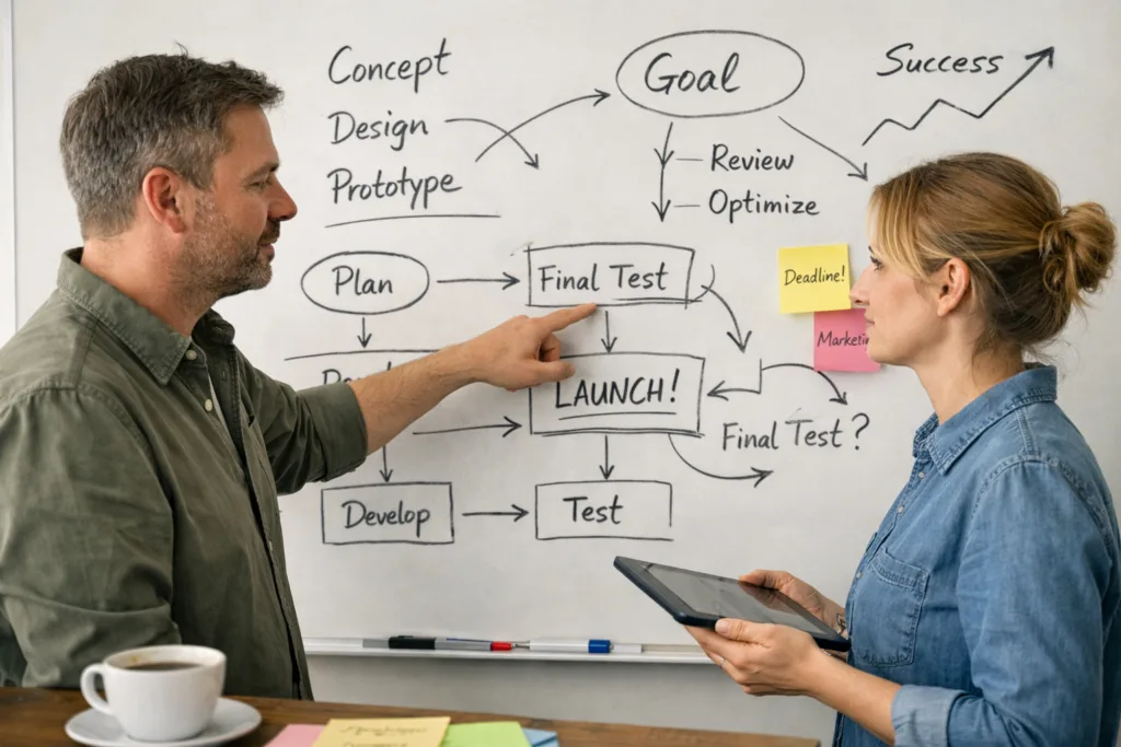 KI im Innovationsmanagement: Wie du Ideen schneller, klüger und menschlicher umsetzt 2 Zwei Personen diskutieren vor einem Whiteboard mit KI-gestützter Ideenskizze. KI im Innovationsmanagement