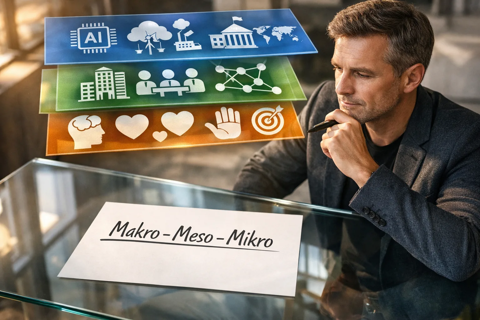 Makro Meso Mikro: Ideen systematisch meistern – Framework für mehr Kreativität & Umsetzung 7 Mensch vor Papier mit den drei Ebenen Makro Meso Mikro für Ideenentwicklung
