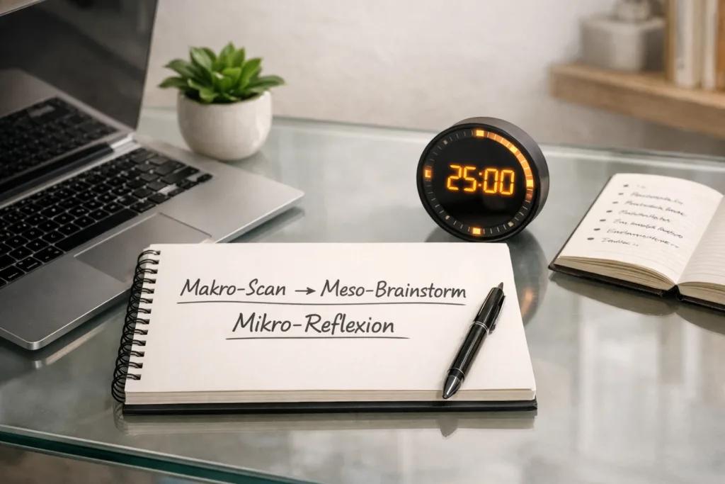 Moderne Arbeitsumgebung mit Notizbuch zum Ideen-Check-Loop Makro Meso Mikro