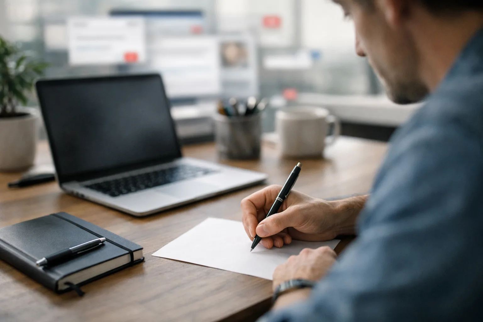 Multitasking ist ein Mythos: Warum Fokus deine Kreativität wirklich freisetzt 1 Kreative Person arbeitet konzentriert an einem einzigen Blatt Papier, während im Hintergrund Benachrichtigungen und offene Tabs unscharf bleiben.