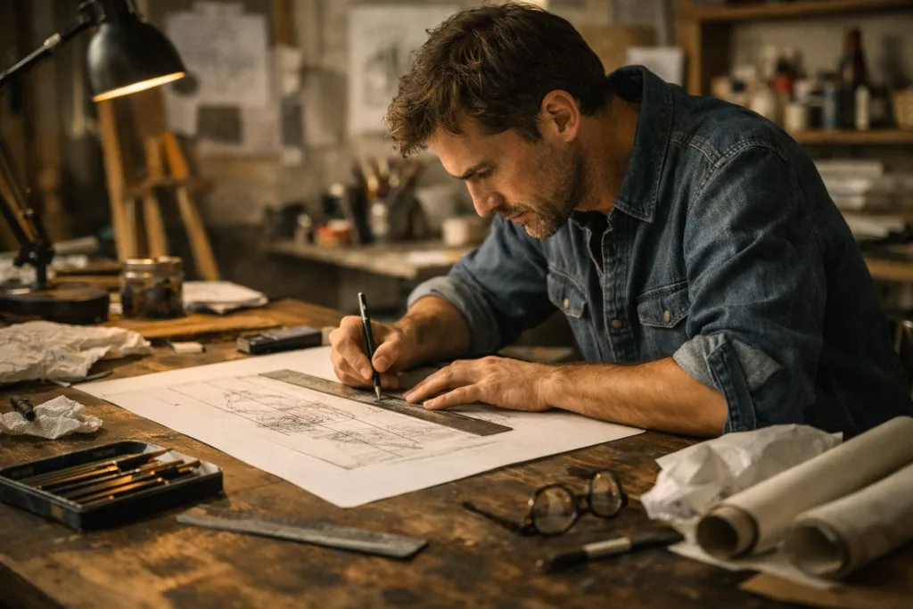 Multitasking ist ein Mythos: Warum Fokus deine Kreativität wirklich freisetzt 1 Künstlerin oder Kreativer in einer reduzierten, stillen Arbeitsumgebung, mit klarer Konzentration auf ein einzelnes Projekt.