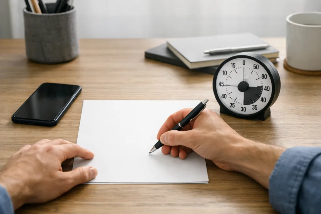 Multitasking ist ein Mythos: Warum Fokus deine Kreativität wirklich freisetzt 2 Schreibtisch mit Timer, ausgeschaltetem Smartphone und einer klar abgegrenzten Aufgabe als Symbol für konzentriertes Arbeiten. multitasking