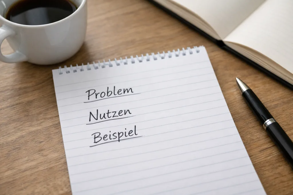 Wie du jemanden für deine Idee gewinnen kannst – ohne Druck, aber mit Wirkung 3 Notizzettel mit den Punkten Problem, Nutzen und Beispiel auf einem Tisch.
Positionierung: Im Abschnitt zur Praxisübung. Jemanden für deine Idee gewinnen