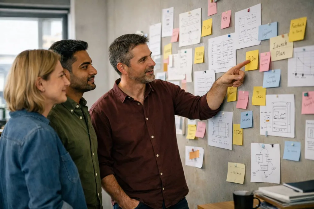 Wie du jemanden für deine Idee gewinnen kannst – ohne Druck, aber mit Wirkung 2 Team diskutiert an einer Wand mit Haftnotizen und Skizzen.