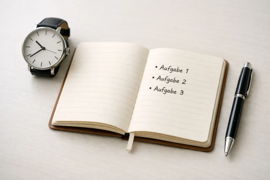 3 Minuten, die den Kopf drehen: Eine Übung für mehr Positivität 2 Notizbuch mit drei klaren Stichpunkten neben einer Uhr und Stift auf einem Tisch. Mehr Positivität