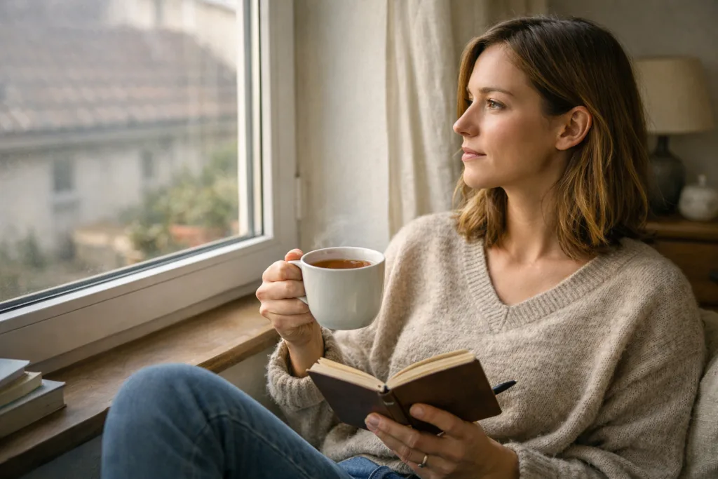 3 Minuten, die den Kopf drehen: Eine Übung für mehr Positivität 1 Person sitzt nachdenklich am Fenster mit Notizbuch in ruhigem Morgenlicht.
