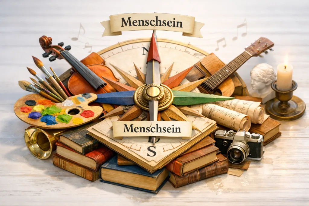 Kompass aus kulturellen Elementen zeigt auf Menschsein
