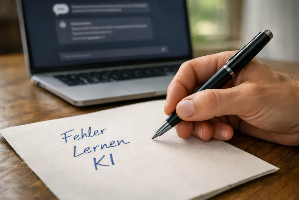 Hand schreibt über KI, Fehler und Haltung – transparente KI-Nutzung für digitale Authentizität