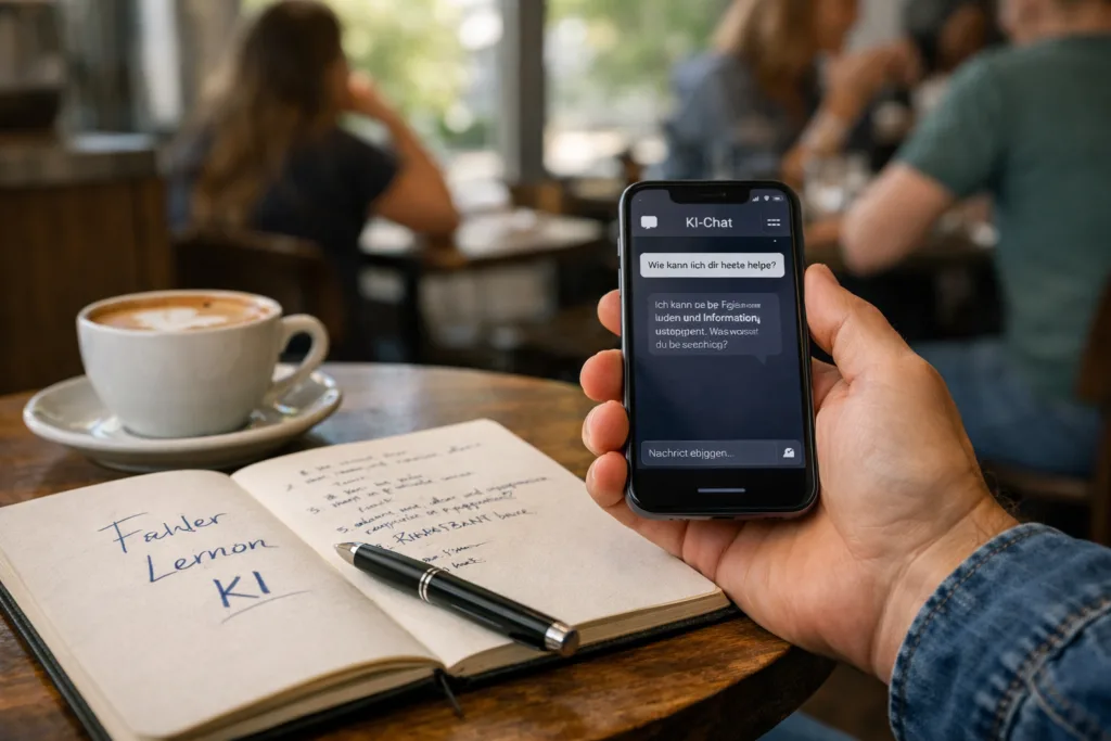 Person im Café zeigt transparente KI-Nutzung zwischen Smartphone und Notizbuch – digitale Echtheit im Alltag