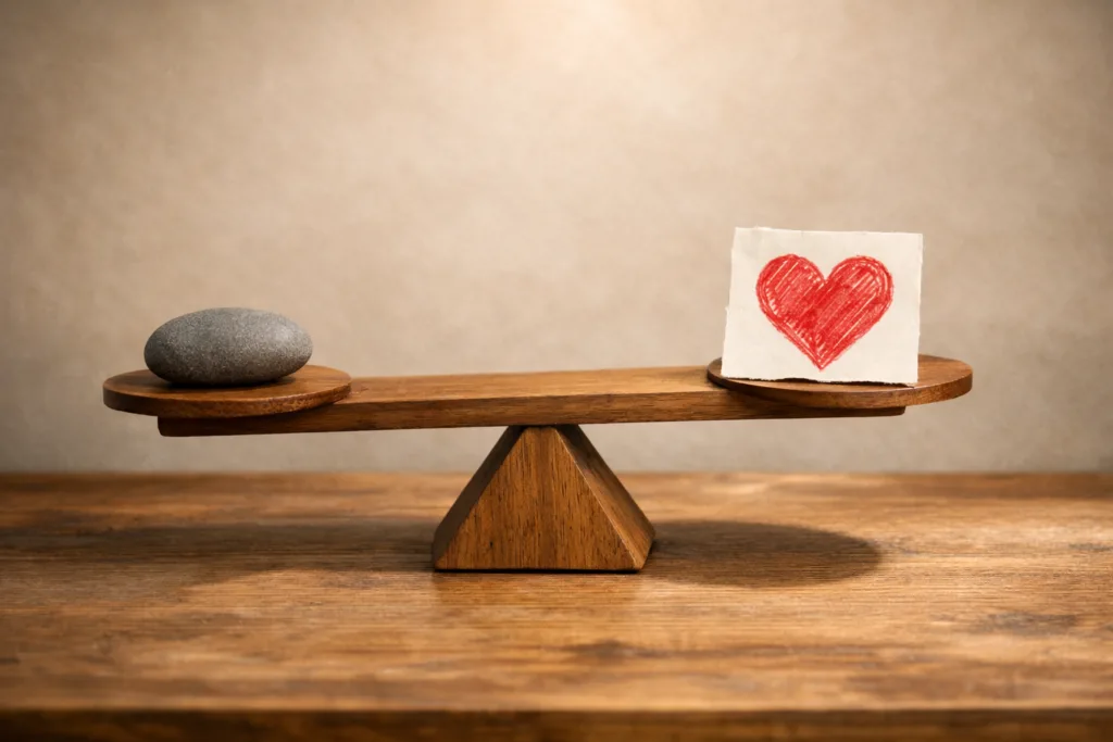 Symbolische Holzwaage mit KI-Perfektion und menschlicher Echtheit – Echtheit als wertvollste Ressource im KI-Zeitalter