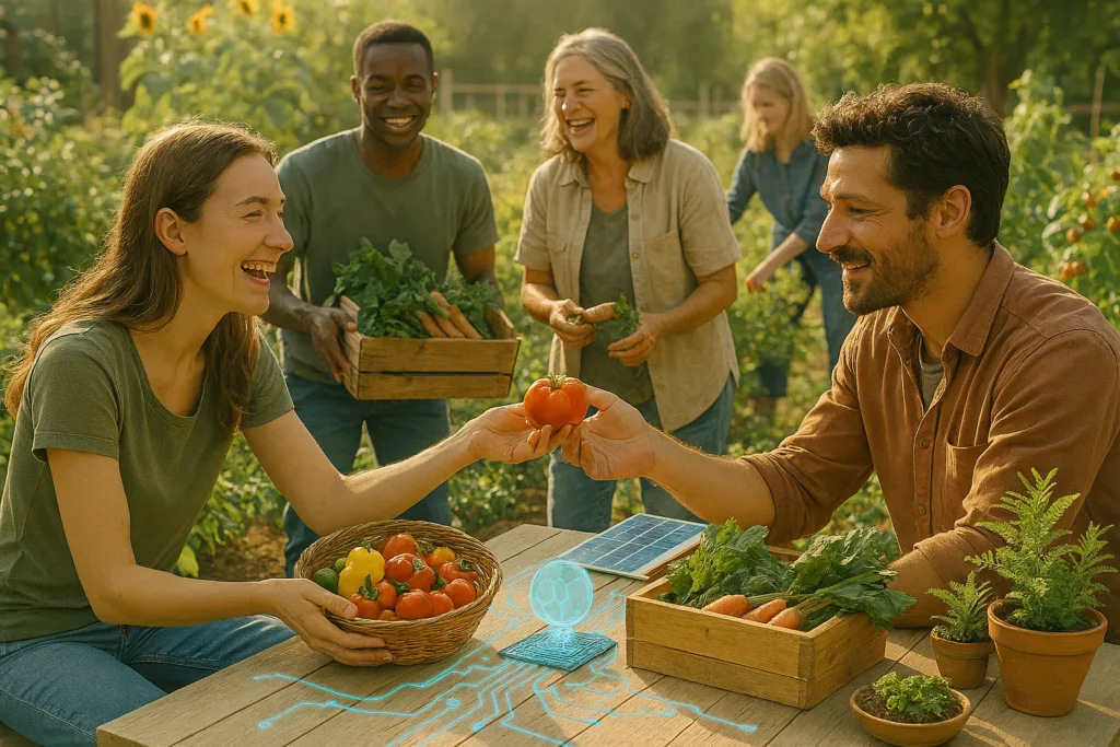 eine sonnendurchflutete Szene voller Miteinander, Erntefreude und nachhaltiger Gemeinschaft.