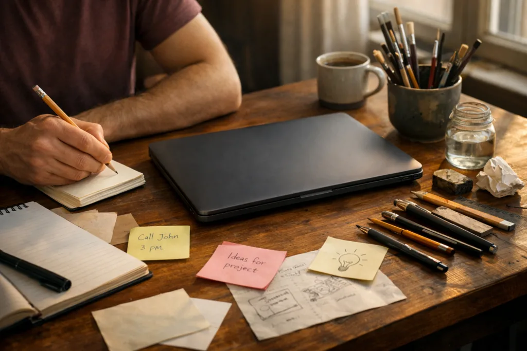 Die neue Echtheit: Warum Authentizität zur globalen Währung wird (2/8) 2 Analoge Arbeitsstätte mit Stift, Pinsel, Papier und geschlossener Laptop Authentizität