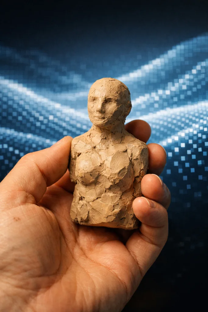 Die neue Echtheit: Warum Authentizität zur globalen Währung wird (2/8) 3 Hand mit unperfekter Skulptur vor digitalen Pixel-Wellen