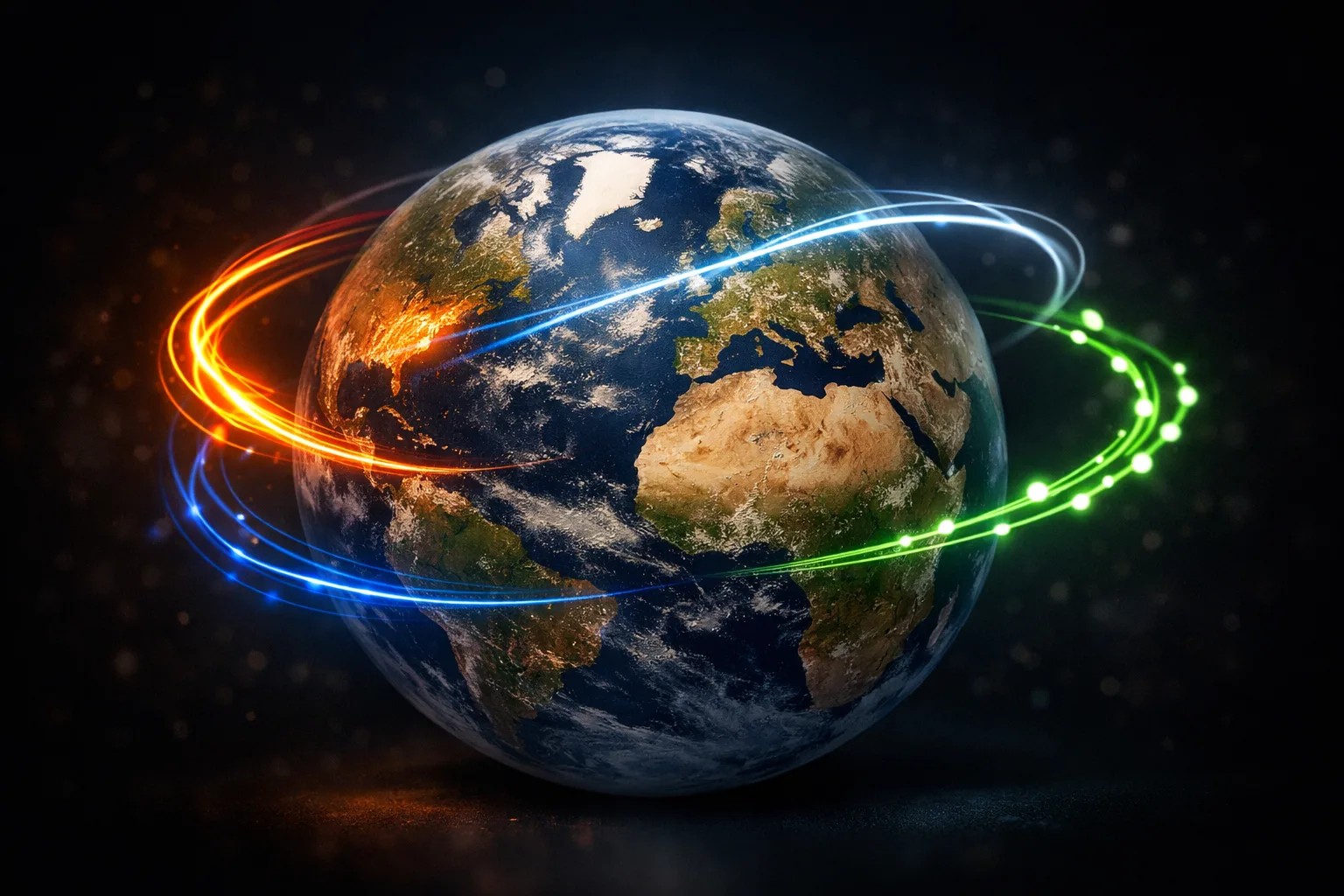 Die Kunst des Scheiterns im globalen Vergleich (4/8) 1 Fotorealistisches Bild: Globus mit leuchtenden Linien zwischen Kontinenten, die unterschiedliche Fehlerkulturen symbolisieren – USA (Experiment), Japan (Kaizen), Europa (Perfektionismus).