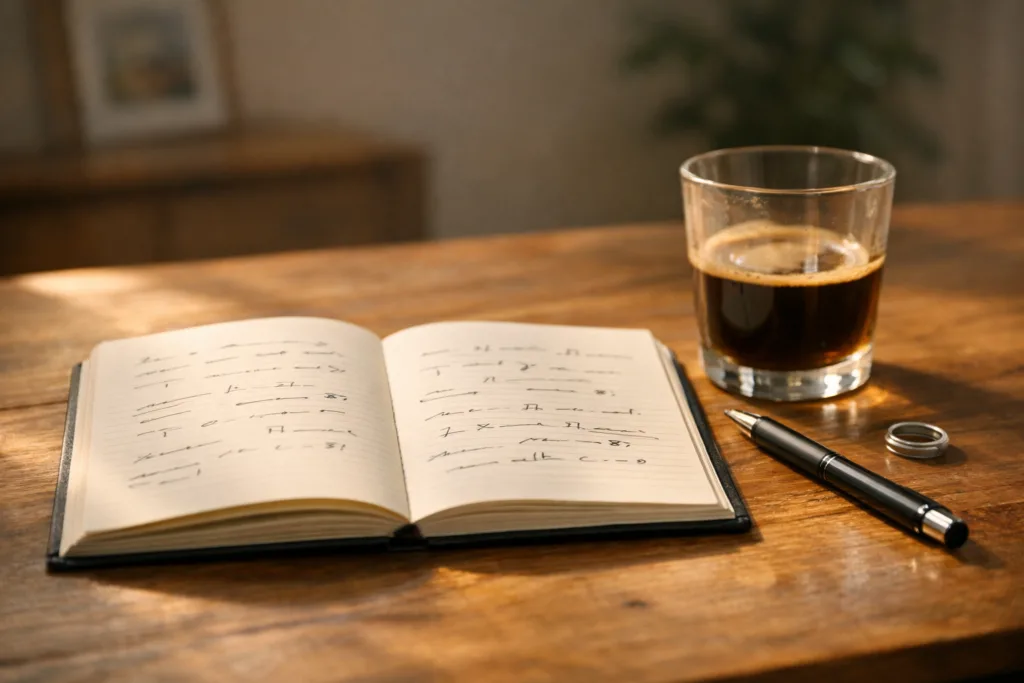 Fotorealistisches Bild: Tisch mit offenem Notizbuch, handschriftlichen Notizen zu „Fehlern“, daneben Kaffee, leichter Morgenlichteffekt, ruhig, persönlich. Die Kunst des Scheiterns 