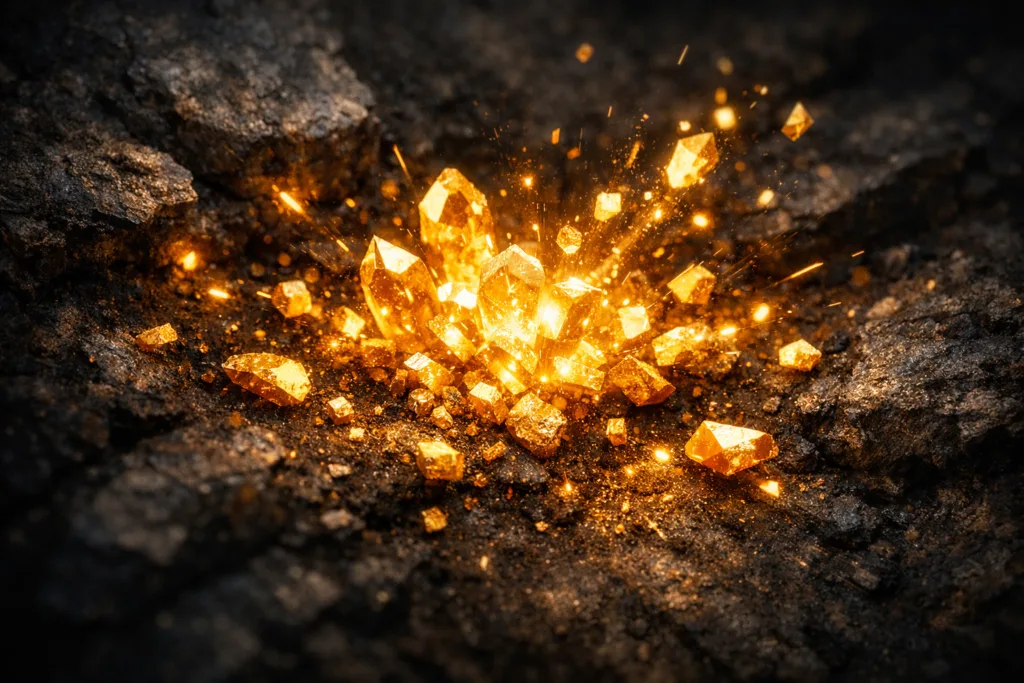 Fotorealistisches Bild: abstrakte „Goldmine“ aus glänzenden, leuchtenden Formen, die von Fehlern und Misserfolgen entstehen, stilisiert, inspirierend, symbolisch.