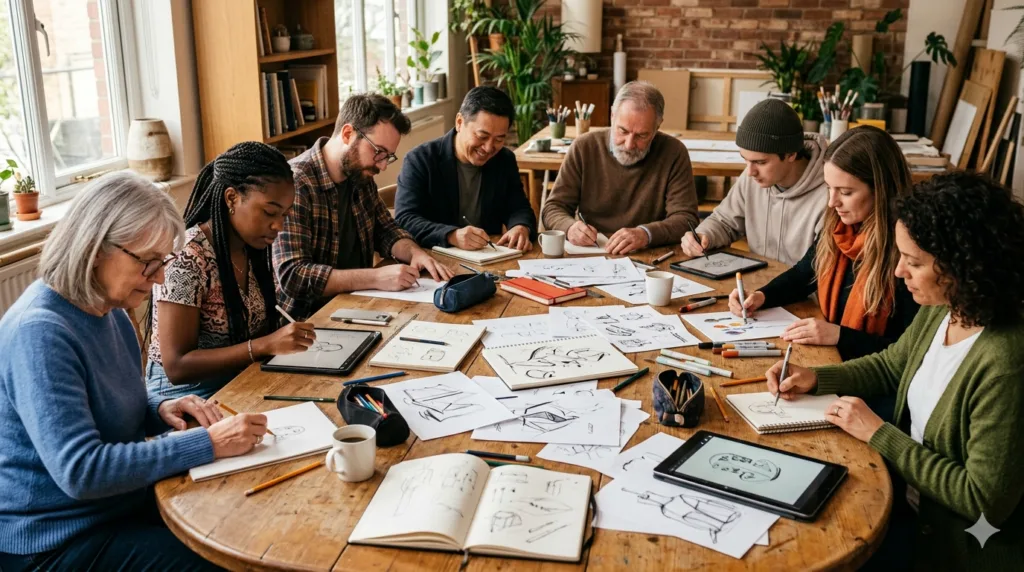 Erstelle ein Bild im Querformat 16:9: Ein Kreis von Menschen verschiedenen Alters und Hintergründen, die gemeinsam an einem großen Tisch sitzen und skizzieren. Der Tisch ist übersät mit Papier, Stiften und digitalen Tablets. Warmtonige Farben (Beige, Braun, sanftes Orange), weiches Licht. Editorial-Stil, Nikon D850, 85mm, 8K.