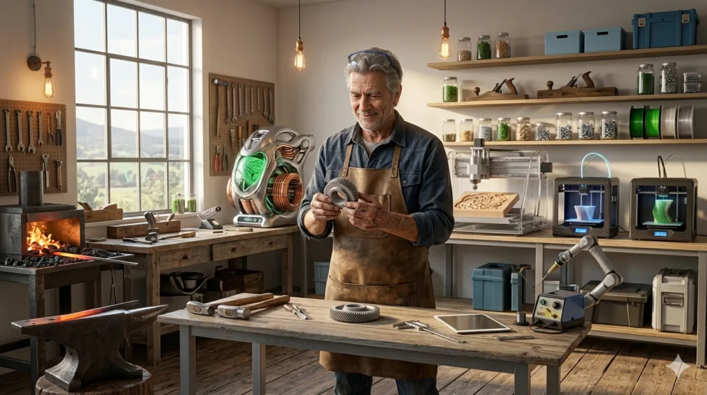 🏡 Die Heimkehr der Produktion: Warum deine Garage 2026 die neue Fabrik ist 2 Erstelle ein Bild im Querformat 16:9: Ein Maker-Space in einer Stadt wie Linz – Menschen verschiedenen Alters arbeiten gemeinsam an Projekten. Im Hintergrund: Regale mit 3D-gedruckten Objekten, Werkzeuge an der Wand, digitale Skizzen auf Tablets. Warmtonige Palette (Beige, Grün, sanftes Blau), hoher Weißanteil, 8K, realistische Texturen.