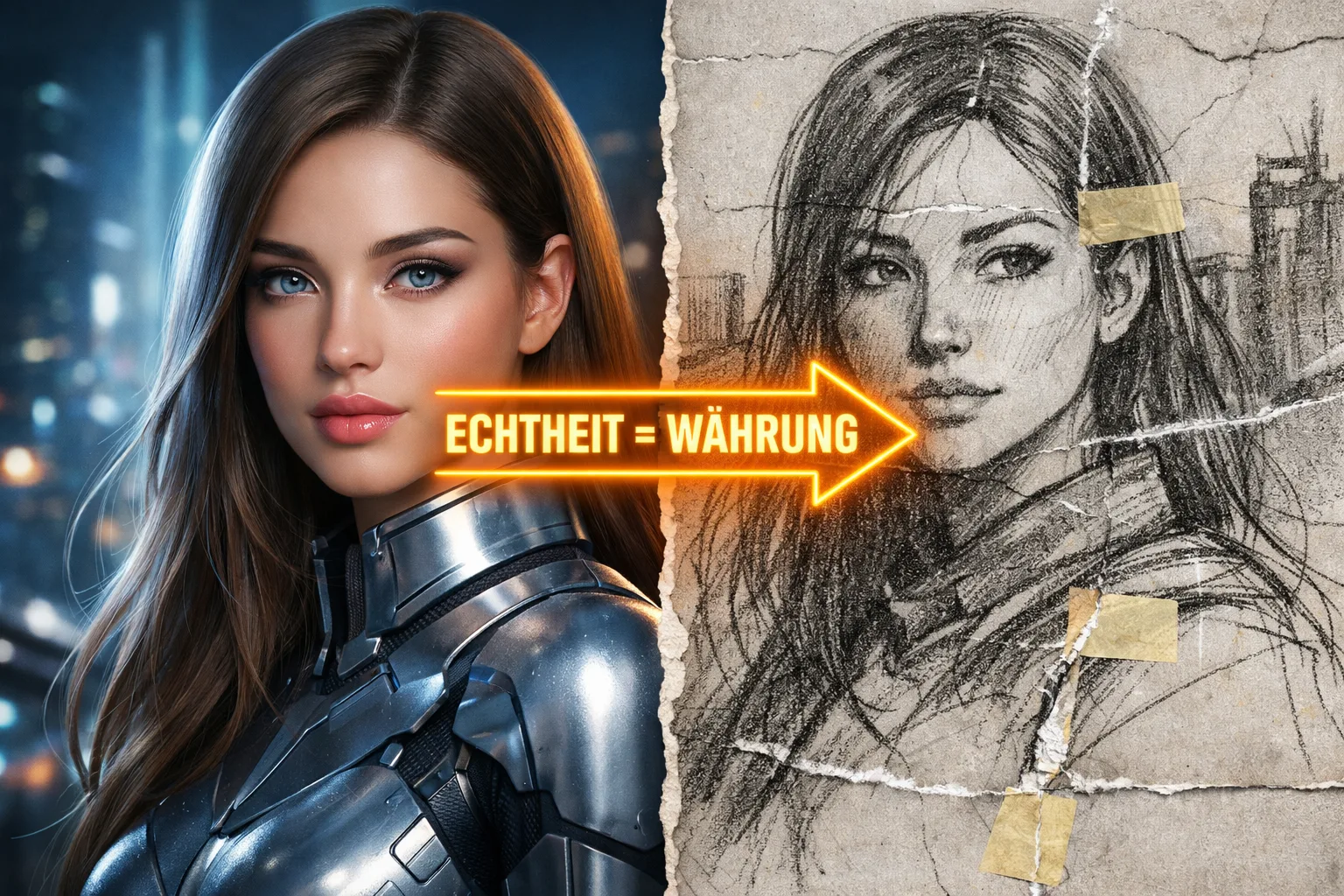 KI-generiertes perfektes Bild vs. menschliches unvollkommenes Sketch – digitale Authentizität als Währung 2026