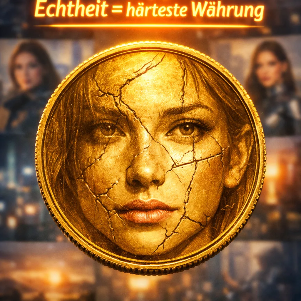 Goldene Münze mit menschlichem unperfekten Gesicht – digitale Authentizität als härteste Währung 2026