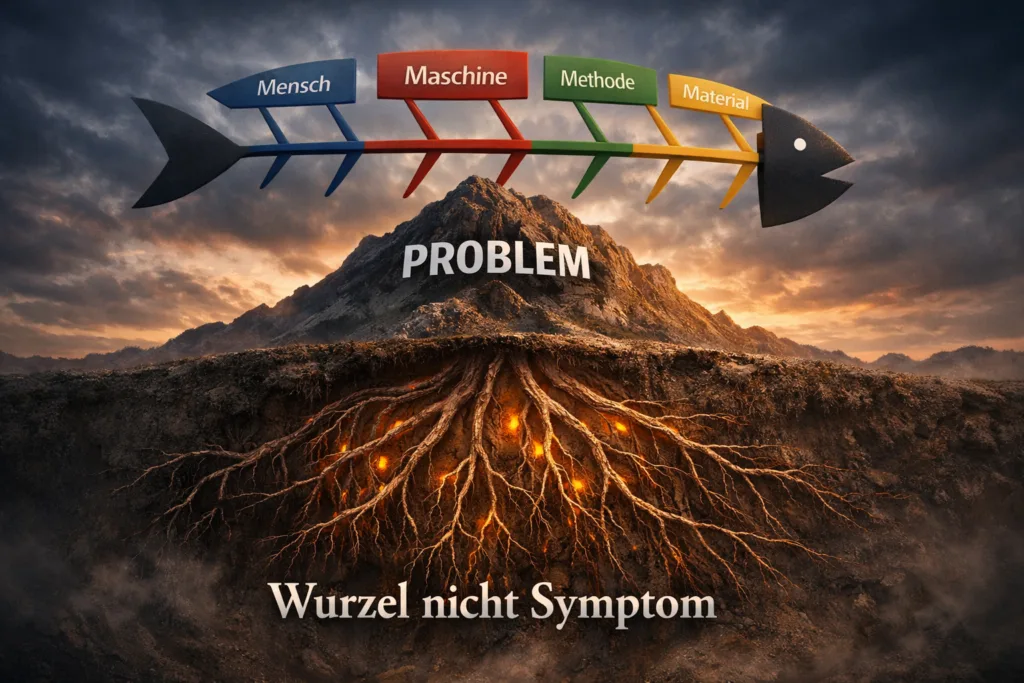 Ishikawa Methode: Warum du das Problem nicht an der Oberfläche löst – und wie die Fischgräte dir die Wurzeln zeigt 3 Metaphorische Darstellung: großer Fisch (Ishikawa) schwebt über Problemberg, Wurzel tief im Boden sichtbar und hervorgehoben, Fischgräte zeigt 8M-Kategorien, dramatisches Seitenlicht, Textoverlay "Wurzel nicht Symptom", philosophisch-tiefe Stimmung