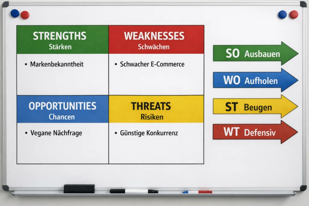 SWOT Analyse: Warum Stärken allein nicht reichen – und wie du echte Strategien ableitest 2 SWOT-Matrix aufWhiteboard mit vier Strategie-arrows