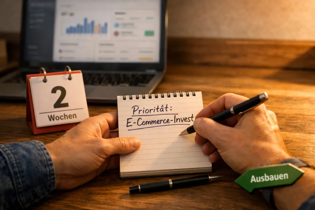 SWOT Analyse: Warum Stärken allein nicht reichen – und wie du echte Strategien ableitest 3 Person schreibtPriorität ‚E-Commerce-Invest' mit KalenderMeilenstein