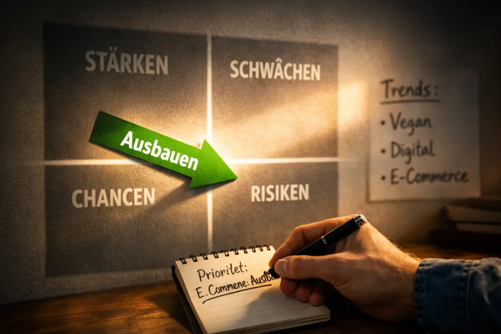 SWOT Analyse: Warum Stärken allein nicht reichen – und wie du echte Strategien ableitest 4 SWOT-Schatten an Wand mit grüner Pfeil von ‚Stärke+Chance' zu ‚Ausbauen'