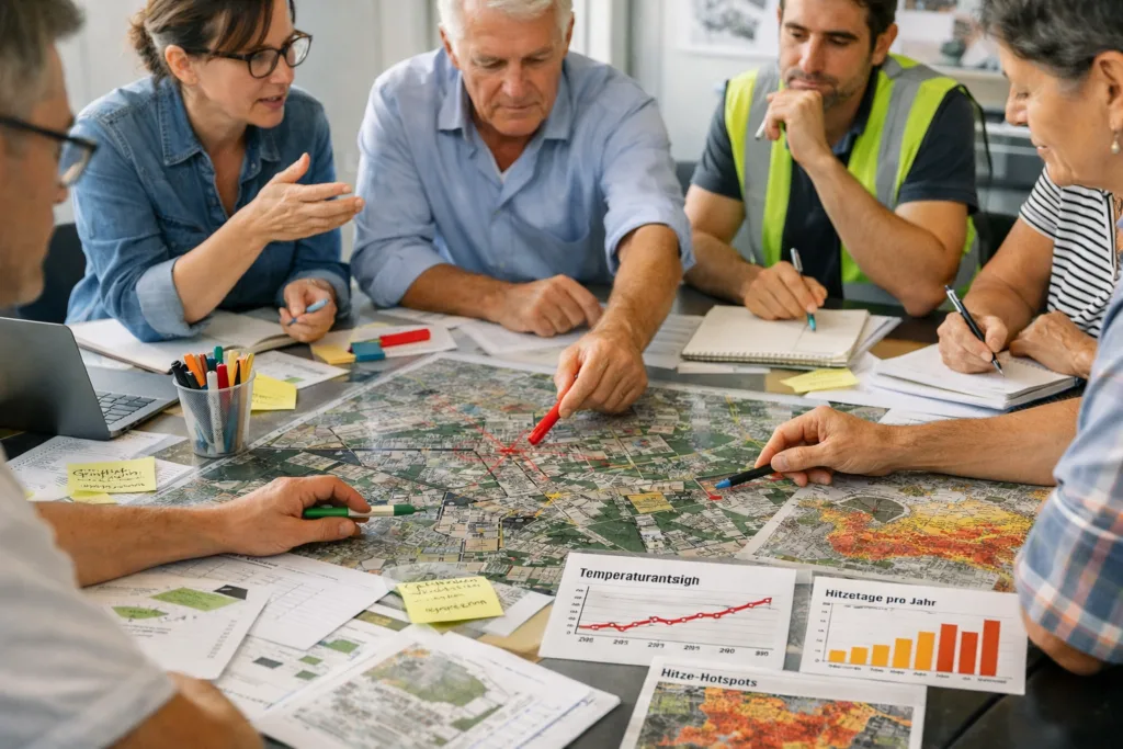 Team analysiert Karten, Klimadaten und Stadtentwicklungsmaßnahmen.