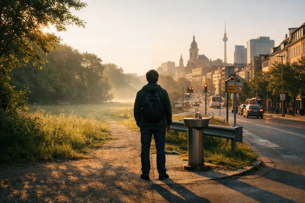 Person an der Grenze zwischen kühlem Grünraum und heißer Innenstadt.
Positionierung: Vor dem Abschlussmodul oder als Schlussbild.