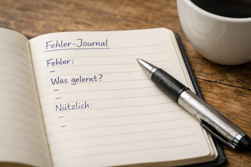 Nahaufnahme eines offenen Fehler‑Journals mit handschriftlichen Learnings, Stift und Kaffeetasse.