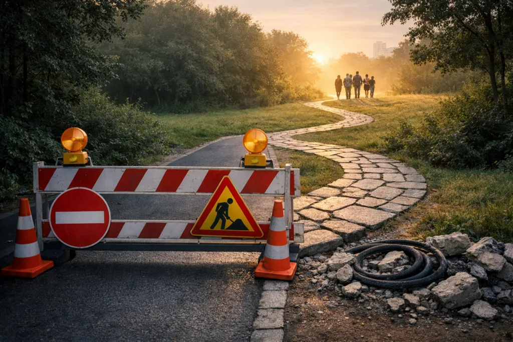 Verschlungener Umwegpfad führt in helle Lichtung, direkter Weg ist gesperrt — symbolbild für kreative Umwege.