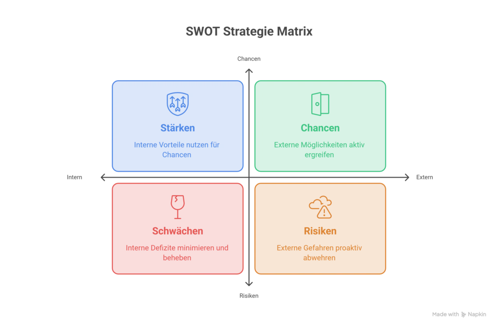 SWOT Analyse: Warum Stärken allein nicht reichen – und wie du echte Strategien ableitest 1 SWOT Analyse Diagramm in blau grün rot und orange