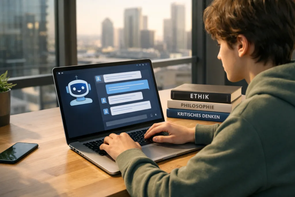 KI Arbeitsmarkt Zukunft: Philosophen holen Informatiker am Arbeitsmarkt auf 1 junge Person arbeitet mit KI-Chatbot und Philosophie-Büchern im modernen Büro