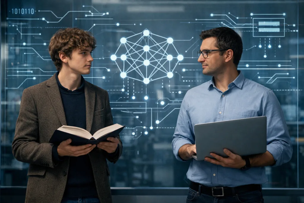 KI Arbeitsmarkt Zukunft: Philosophen holen Informatiker am Arbeitsmarkt auf 2 Philosophiestudent und Informatiker vor KI-Grafiken im modernen Büro
