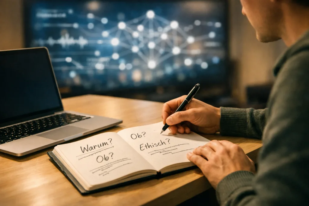 KI Arbeitsmarkt Zukunft: Philosophen holen Informatiker am Arbeitsmarkt auf 3 Person mit Notizen und KI-Visualisierungen beim reflexion an einem Tisch