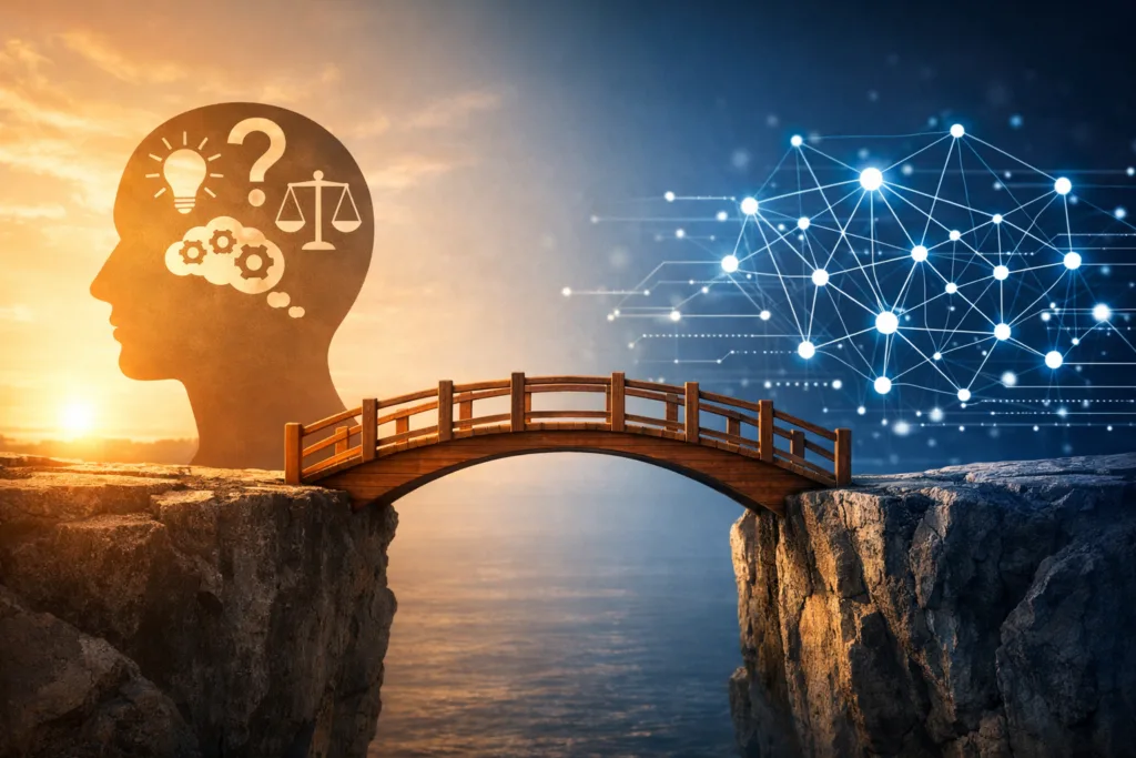 KI Arbeitsmarkt Zukunft: Philosophen holen Informatiker am Arbeitsmarkt auf 4 Brücke zwischen Mensch und KI als Symbol für menschlichen Vorteil in der KI-Arbeitsmarkt-Zukunft