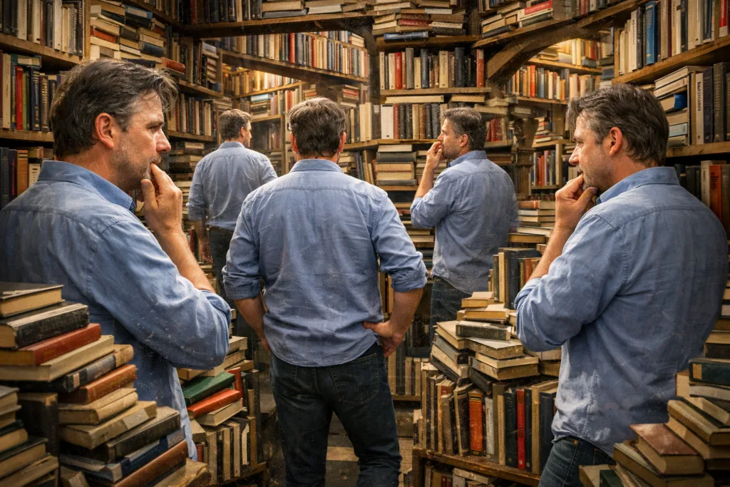 Quantencomputing verstehen: Der Moment, in dem Logik plötzlich nicht mehr reicht 1 Ein Mann in mehreren Positionen in einer Bibliothek