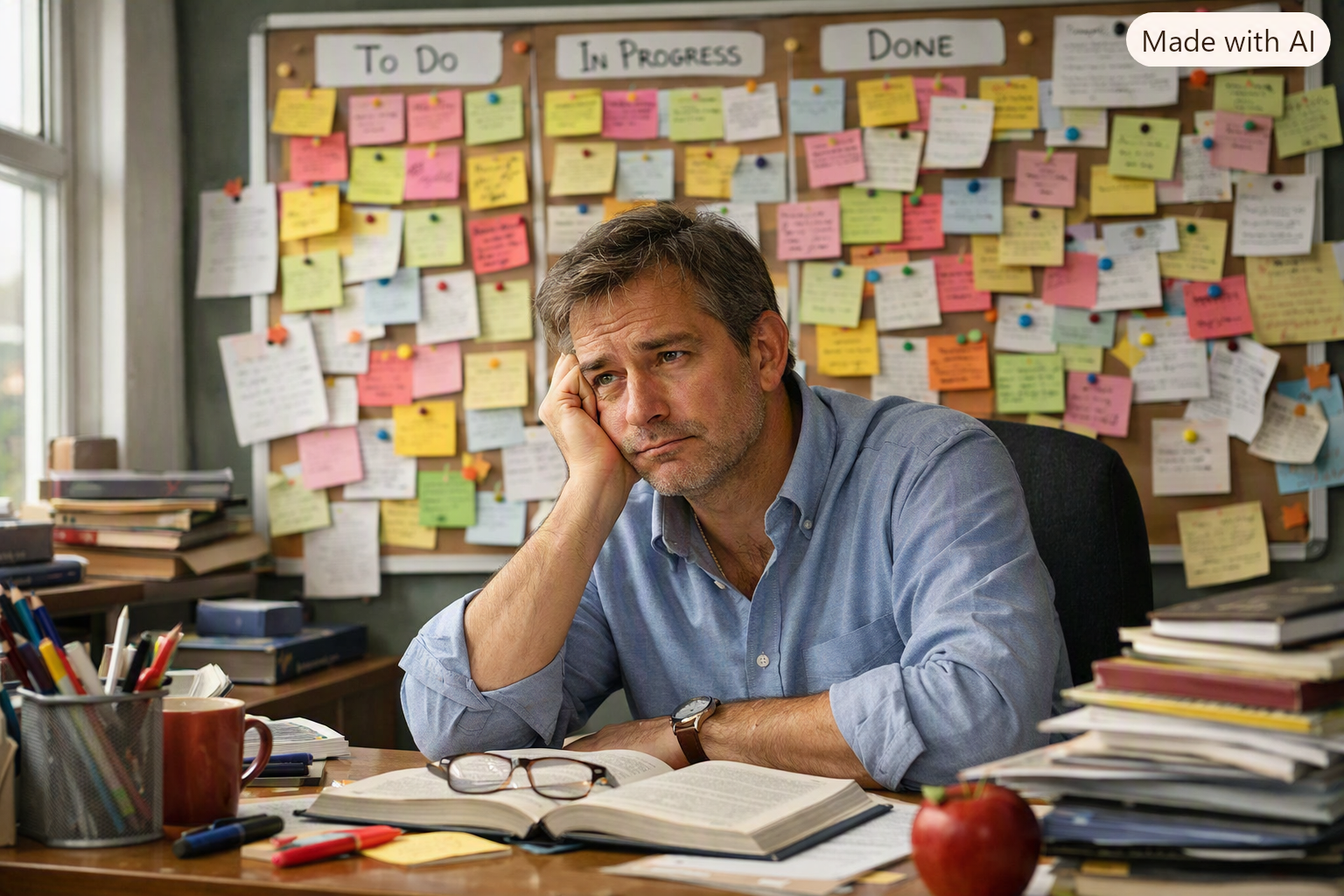 Lehrer blickt auf überfülltes Kanban-Board