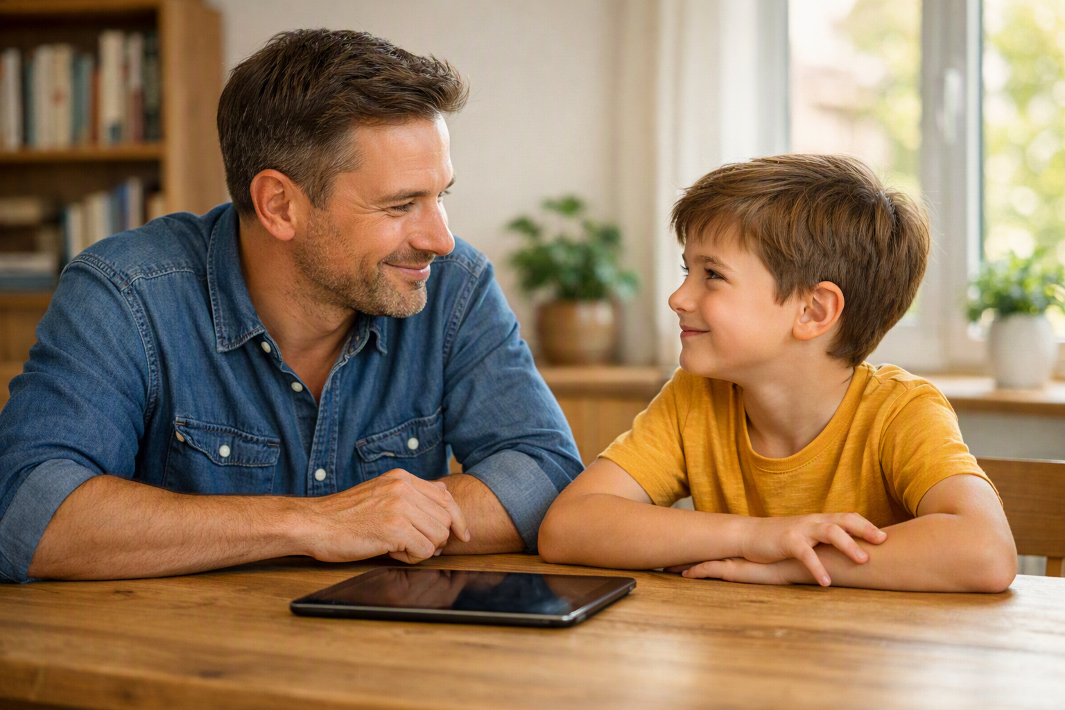 Erwachsener und Kind schauen sich an einem Tisch in die Augen, Tablet liegt ungenutzt zwischen ihnen, warmes natürliches Licht, ruhige Atmosphäre