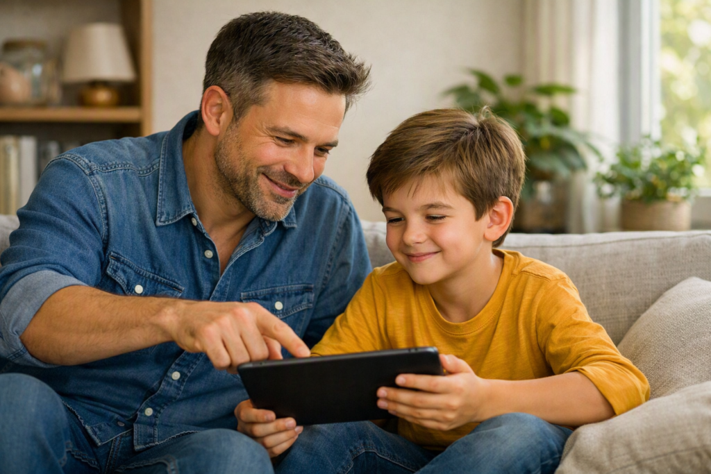 Erwachsener und Kind schauen gemeinsam auf ein Tablet, Erwachsener stellt eine Frage, gemütliche Wohnumgebung, natürliches Licht