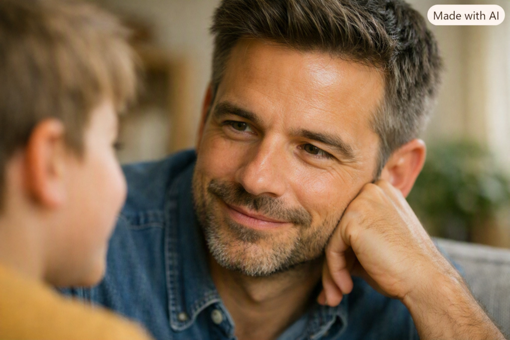Nahaufnahme eines Erwachsenen, der einem Kind aufmerksam zuhört, weiches Licht, natürliche Hauttöne, präsenter Ausdruck