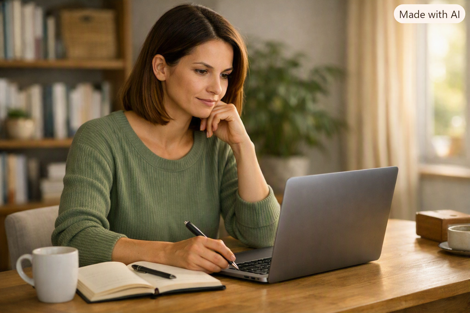 Person sitzt bewusst an einem Schreibtisch mit Laptop und Notizbuch, warmes natürliches Licht, ruhige Atmosphäre, keine passive Nutzung