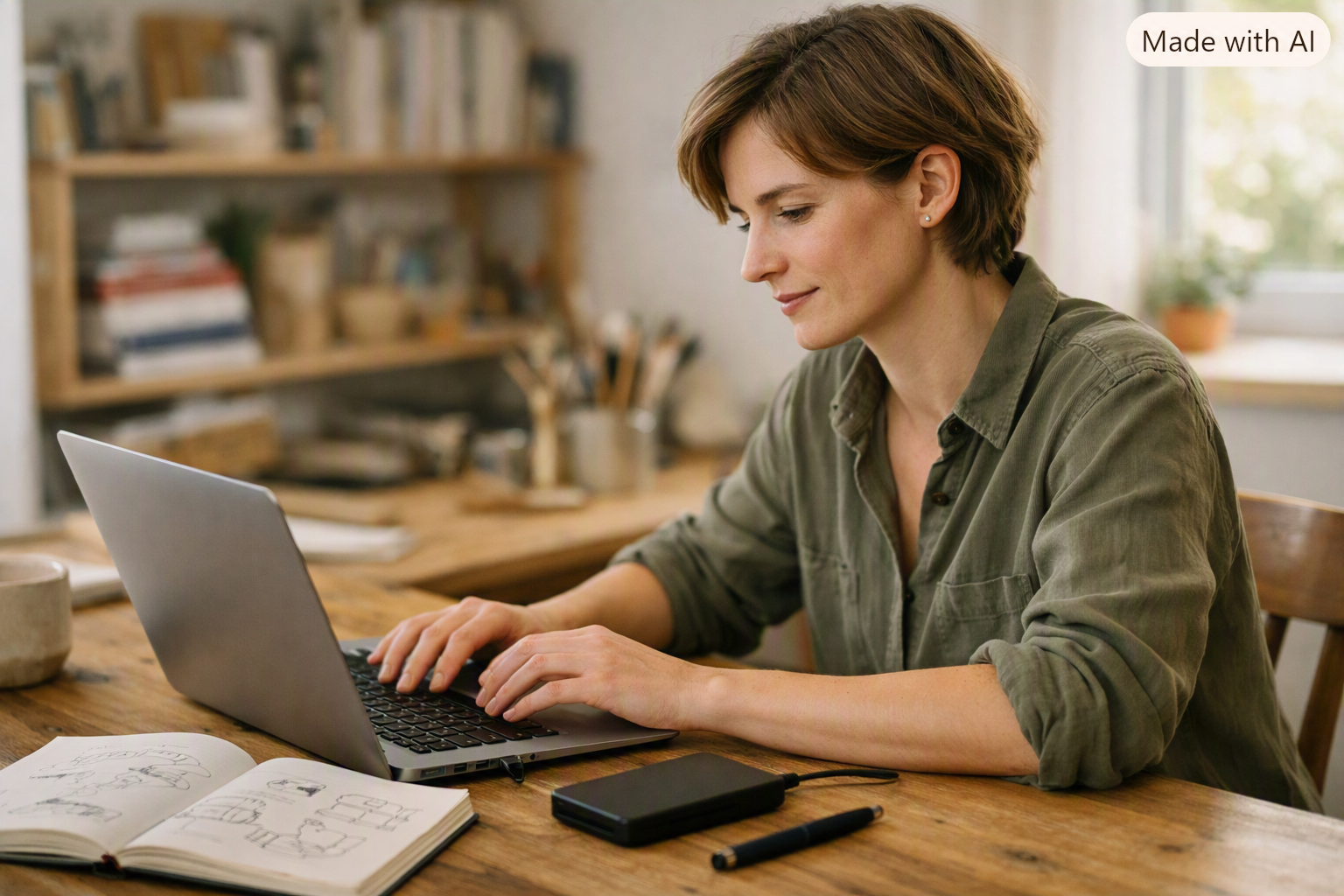 Kreative Person arbeitet an einem Schreibtisch mit Laptop, Notizbuch und externer Festplatte, warmes natürliches Licht, ruhige Atmosphäre